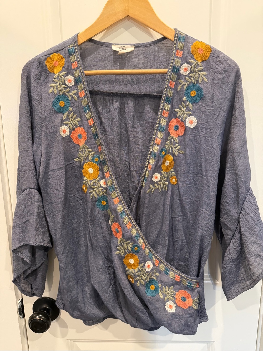 entro Slate Blue Embroidered Wrap Blouse with Floral Accents
